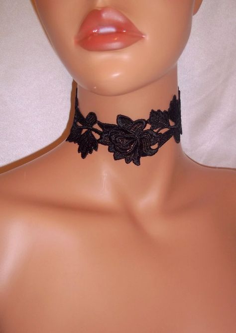 Sexy And Beautiful Choker Necklace From Designs by Loure', Romance-Inspired Fashions Black Lace Choker Necklace, Rose Choker, Goth Choker, Black Lace Choker, Lace Choker Necklace, Dainty Chain Necklace, Beautiful Chokers, Floating Necklace, Lace Choker