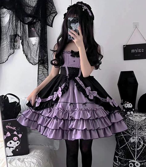 (20+) Facebook Gothic Purple Outfit, Pastel Goth Dresses, Purple Elegant Dresses, Femboy Outfits Aesthetic, Cute Purple Outfits, Kuromi Dress, Decora Fashion Outfits, Purple Dress Short, Purple Dress Outfits