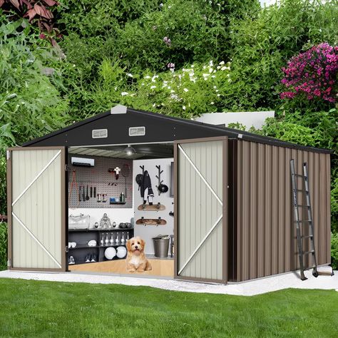 【Extra Spacious Shed】Compared to traditional storage sheds, this 10x12 FT outdoor shed offers ample space with a larger lockable door, increased internal height and deeper storage area for tools. Wide door entrance for easy access of large items. Doors For Patio, Storage Shed House, Shed House, Mosquito Repelling, Utility Sheds, Sloped Roof, Outdoor Storage Solutions, Outdoor Storage Shed, Tool Shed