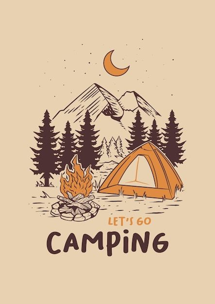 Camping Aesthetic Drawing, Camping Design, Camping Illustration Art, Scout Aesthetic, Camping Illustration Graphics, Camping Gear Illustration, Campsite Illustration, Adventure Logo, Back To School Art