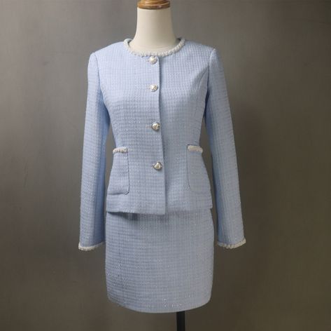 Elevate your style with our custom-made Women's Tweed Pearl Trim Blazer and Skirt Light/Baby Blue Suit. This elegant ensemble is designed to make you stand out at your next special occasion, whether it's a wedding ceremony, graduation, speech day, or any formal event. 🌼 Blazer Features: Crafted from luxurious light or baby blue tweed fabric, offering a timeless and elegant look. Exquisite pearl trim embellishments that add a touch of sophistication and charm. A classic and versatile blazer style that can be dressed up or down as per your preference. Expertly tailored to ensure a perfect fit and a flattering silhouette. 🌼 Skirt Features: A matching skirt made from the same high-quality tweed fabric, completing the sophisticated suit. A comfortable and flattering length suitable for formal Blue Suit Wedding Guest, Skirt Suits For Women Classy, Suit Wedding Guest, Blue Skirt Suit, Light Blue Blazer, Light Blue Skirts, Graduation Speech, Blue Suit Wedding