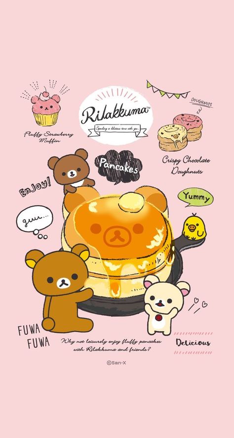 Pancakesss~ 🥞 Rilakuma Wallpapers, Rilakkuma Wallpaper, Thanksgiving Wallpaper, Sanrio Wallpaper, Japanese Characters, Cute Kawaii Drawings, Food Drawing, Kawaii Wallpaper, Rilakkuma