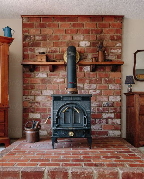 Wood Burning Stove Decor, Woodburning Stove Fireplace, Stove Decor, Wood Stove Hearth, Skaneateles Ny, Reclaimed Wood Ceiling, Brick Hearth, Living Room Wood Floor, Piscina Interior