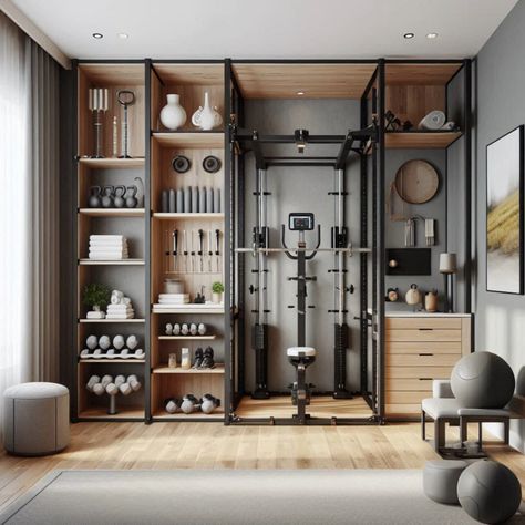 Transform tight spaces into a workout haven with our compact custom home gym designs. Perfect for apartments and small homes. #SmallSpaceGym #HomeFitness #CustomGym #CompactWorkout #GymDesign Home Gym Built In Storage, Home Gym Shelving, Compact Gym Small Spaces, Hidden Home Gym, Gym Layout Plan, Gym Shelves, Home Gym Closet, Home Gym Ideas Small Basements, Industrial Home Gym