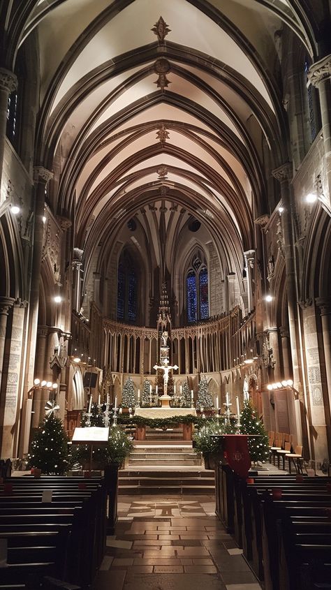 Gothic Cathedral Interior: Stunning Gothic cathedral interior with arches, stained glass windows, and Christmas decorations creating a serene atmosphere. #cathedral #gothic #architecture #interior #stained glass #aiart #aiphoto #stockcake ⬇️ Download and 📝 Prompt 👉 https://ayr.app/l/ZtZB Interior With Arches, Gothic Architecture Interior, Cathedral Interior, Ribbed Vault, Gothic Interior, Church Choir, Stone Pillars, Cathedral Architecture, Gothic Cathedral