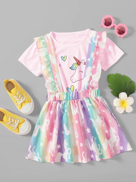 Suspender Skirt Toddler, Modest Girls Clothes, Pinafore Skirt, Black Kids Braids Hairstyles, Unicorn Outfit, Overall Skirt, Boutique Dress Designs, Suspender Skirt, Unicorn Print