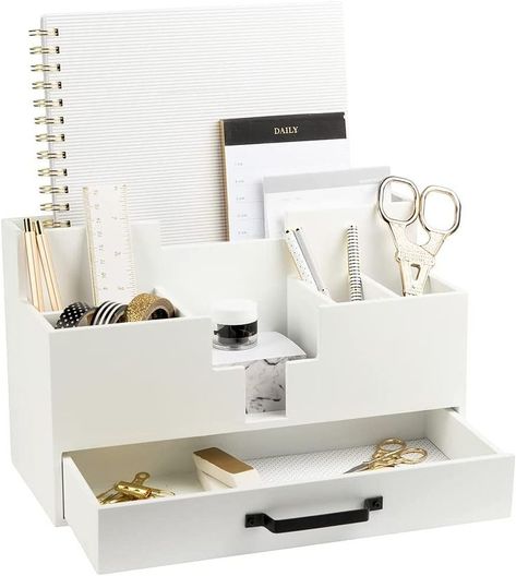 Blu Monaco Office Desk Accessories and Workspace Organizers Storage- White Wood Desk Organizer - Makeup Bathroom Organizer Countertop Organization – Dorm Room Décor White Wood Office, Organization Office Desk, Desk Top Organizer, White Wooden Desk, Small Desk Organization, White Wood Desk, Desk Accessories For Women, Wood Office Desk, Office Desk Accessories