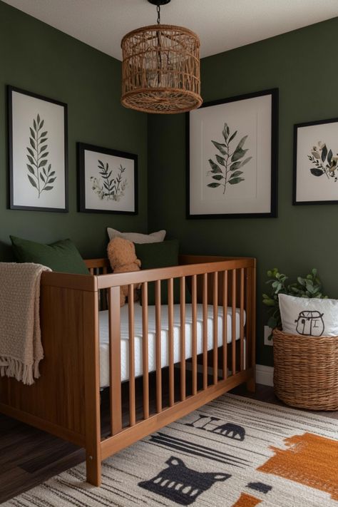 Ideas and inspo for a boy's nursery that isn't quite like anyone else's. Dark Sage Green Nursery, Green Nursery With Wallpaper, Forest Green Nursery Gender Neutral, Hunter Green Nursery Gender Neutral, Mcm Nursery Mid Century, Olive Nursery Boy, Dark Green Nursery Ideas, Baby Boy Nursery Woodland Theme, Simple Boys Nursery