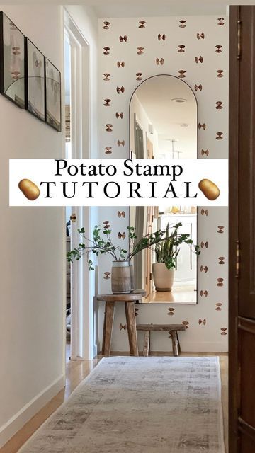 GIANNA | DIY & Home Renovation on Instagram: "🥔Potato Stamp DIY!!!🥔 It doesn’t get easier or more budget friendly! All you need is a potato, a knife, and paint. Step 1: Cut potato in half Step 2: Carve a design! Step 3: Blot excess moisture but not bone dry Step 4: Create a layout. I don’t like to spend time on this type of stuff so I just eyeballed it but on a bigger wall I would definitely measure and mark! Step 5: Stamp firmly! I think this would be so pretty with some bead boar Potato Stamp Accent Wall, Potato Stamp Wall, Scandinavian Coffee Table, Potato Stamp, Wallpaper Stencil, Living Room Scandinavian, Budget Friendly Decor, Diy Stamp, Boho Living Room