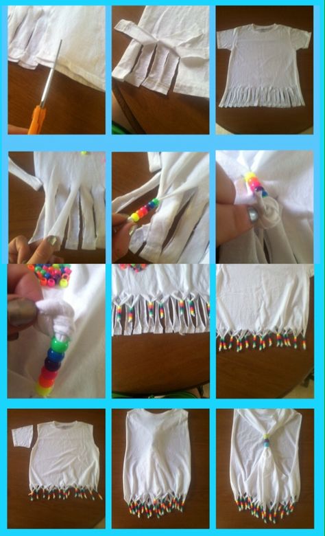 Diy Fringe Tshirt With Beads, How To Make Fringe Shirts, How To Make A Fringe Shirt, How To Fringe A Shirt, Diy Beaded Shirt, Diy Fringe Shirt, Beaded Fringe Shirt, Fringe Diy, Zumba Shirts