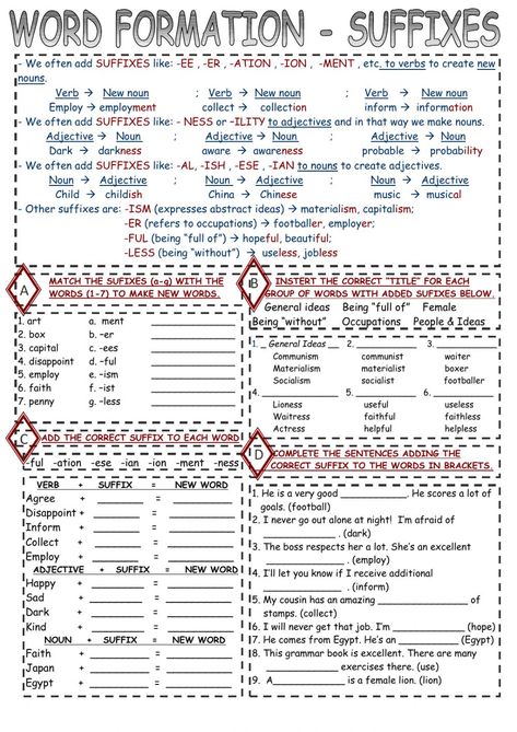 Word Classes Worksheets, Word Formation Worksheets, Prefixes And Suffixes Worksheets, Suffixes Worksheets, Word Formation, Alphabet Worksheets Kindergarten, Study English Language, Nouns Worksheet, Esl Vocabulary