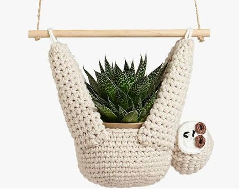 Slow down and be happy. Sloth Plant Hanger Pattern, Free Crochet Pattern For A Sloth Plant Hanger, Crochet Sloth Plant Hanger Pattern, Crochet Plant Hanger Sloth, Couples Home, Flower Pot Hanger, Crochet Sloth, Sloth Bear, Indoor Flower Pots