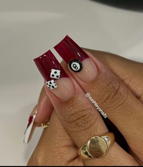 Funny Acrylic Nails, Nail Ideas Concert, 19th Birthday Nails Ideas Short, Red Short Square Acrylic Nails, Red Shorties Nails, Casino Night Nails, Y2k Nails Short Red, Red Nail French Tips, Y2k Red Acrylic Nails