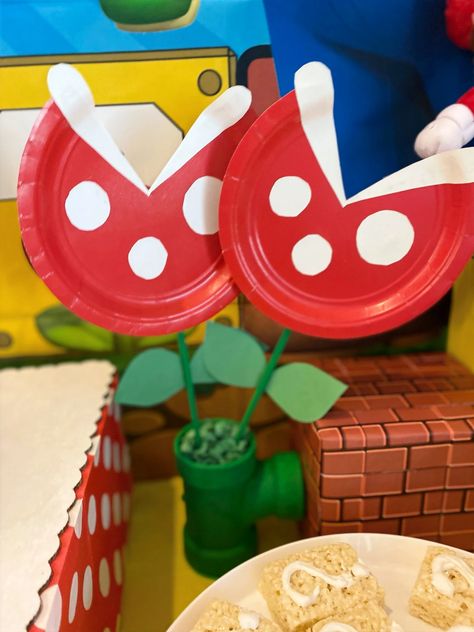 Mario And Bowser Birthday Party, Mario Themed Backdrop, Mario And Luigi Birthday Party Games, Mario World Party Decor, Outdoor Super Mario Birthday Party, Peaches And Mario Birthday, Mario Kart Birthday Party Centerpieces, Super Mario Float Ideas, Super Mario Dinner Party