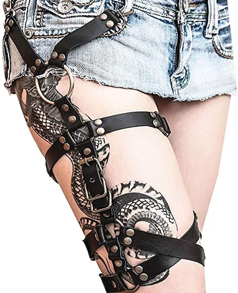 Women's Black Leather Leg Harness Garter Belt Adjustable Cage Belt Punk Body Chain Thigh Suspender: Amazon.co.uk: Clothing Harness Outfit, Legs Ring, Leather Garter, Harness Fashion, Thigh Chain, Leg Harness, Leg Garter, Leg Chain, Body Chains