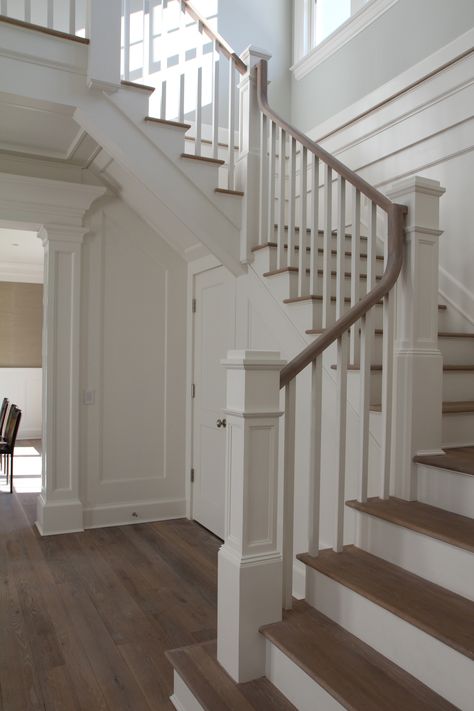 Stairs Straight Up, European Farmhouse Staircase, Hallway Molding, White Oak Staircase, Banisters And Railings, Cottage Stairs, White Staircase, Stair Banister, Staircase Design Modern