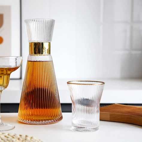 The set includes 1 jug (34 oz.) and 2 drinking glasses (9 oz.), a bamboo lid is included in the package. This beautiful water carafe and glass set is hand blown by professional artisans. Not only for daily use, but also decorating your house, as well as nightstand water serving. Bedside Water Carafe, Bedside Carafe, Carafe Set, Water Carafe, Retirement Gifts For Women, Tape Painting, Glass Carafe, Water Pitchers, Flute Glass