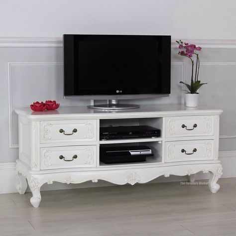 I need a unit for my TV. French Tv Unit, Tv Stand Decor Living Room, Meja Tv, High Gloss Furniture, Tv Stand Decor, White Tv Stands, Kursi Bar, Furniture Market, French Chateau