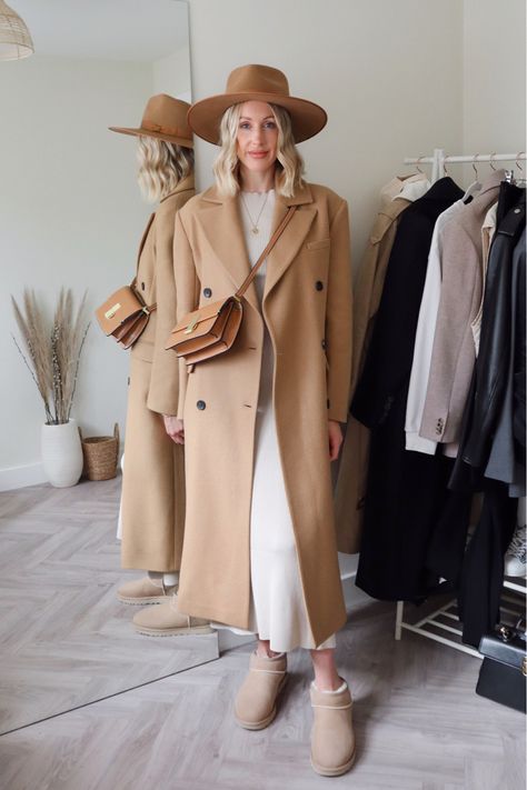 Ugg ultra mini smart / casual outfit • Fedora - lack of color • Dress - Dissh (alternative linked) • Ugg boots in sand - 10% off ‘CHARLOTTEFF’ until Oct 31st at Farfetch • bag - Marks & Spencer • wool camel coat - Karen Millen #uggboots #uggultamini #woolcoat #autumnstyle Follow my shop @charlottebuttrick on the @shop.LTK app to shop this post and get my exclusive app-only content! #liketkit #LTKSeasonal #LTKshoecrush #LTKsalealert @shop.ltk https://liketk.it/3S0pX Sand Ultra Mini Uggs, Ugg Mini Beige, Fedora Hat Winter Outfit, Ugg Ultra Mini Sand Outfit, Ugg Ultra Mini Sand, Beige Uggs Outfit, Sand Uggs Outfit, Farfetch Bag, Ultra Mini Outfit