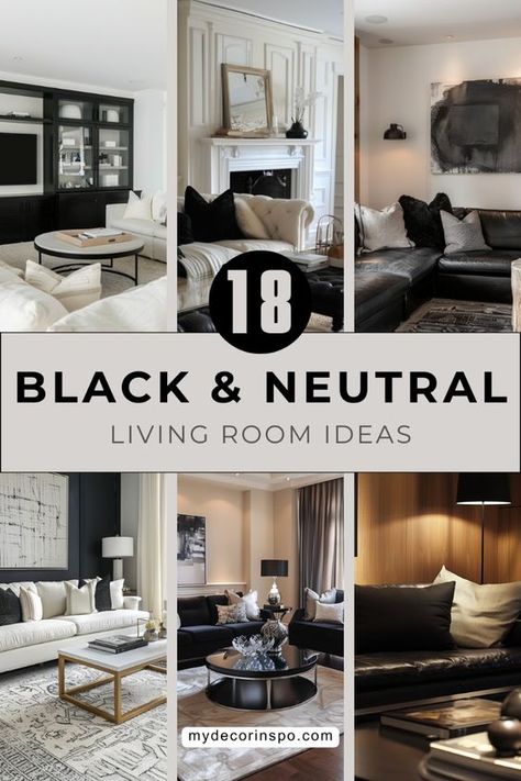 Modern Basement Family Room, Black Modern Sofa Living Room, Black Velvet Couch Decor, Black And White Family Room Decor, Black And Tan Decorating Ideas, Neutral Black And Gold Living Room, Black Cream And Gold Home Decor, Black And White Luxury Living Room, Beige And Tan Living Rooms