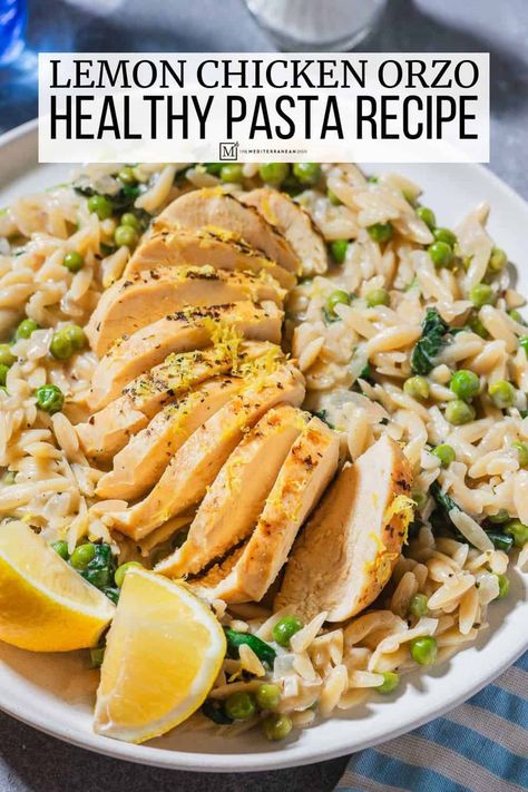 Lemon chicken orzo with peas, spinach, oregano, and lemon. This easy, healthy lemon chicken orzo pasta uses one pan and no heavy cream. Lemon Chicken Orzo Pasta, Orzo With Peas, Orzo Recipes Healthy, Chicken Orzo Pasta, Healthy Lemon Chicken, Skillet Food, No Heavy Cream, Lemon Chicken Orzo, Orzo Soup Recipes