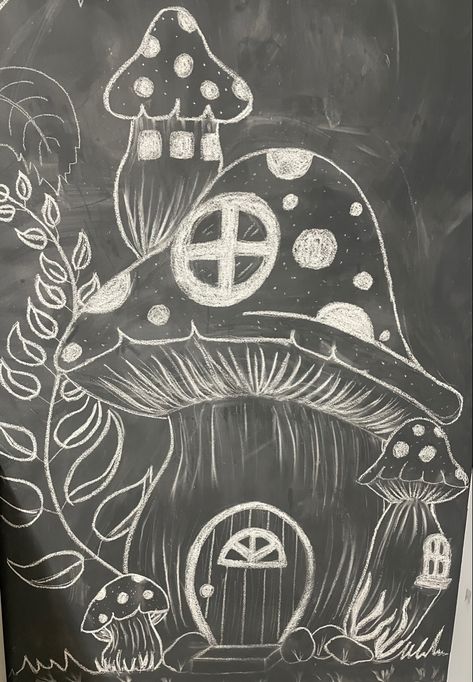 Chalkboard Art Doodles, Chalk Art Mushroom, Drawings For Chalkboard Wall, Cool Chalkboard Wall Art, Nature Chalkboard Art, Whimsical Chalkboard Art, Spring Black Board Art, Things To Draw On Chalkboard Wall, Chalkboard Drawings Doodles