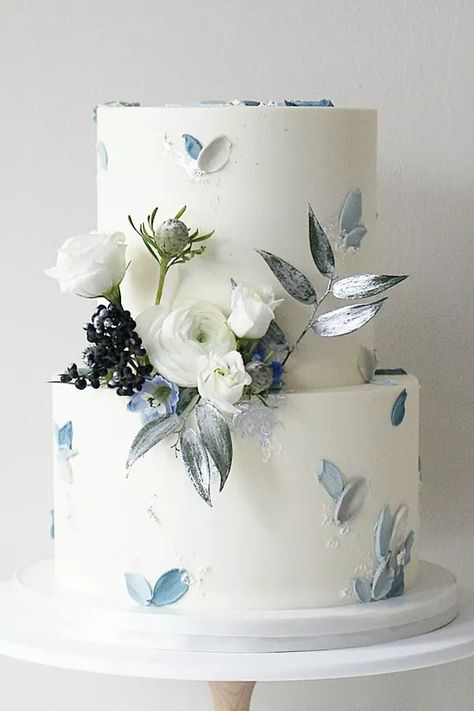 Wedding Cake Dusty Blue, Kek Kahwin, 2 Tier Wedding Cakes, Soul Cake, Wedding Cake Display, Lavender Cake, Green Wedding Cake, Honey Lavender, Wildflower Honey