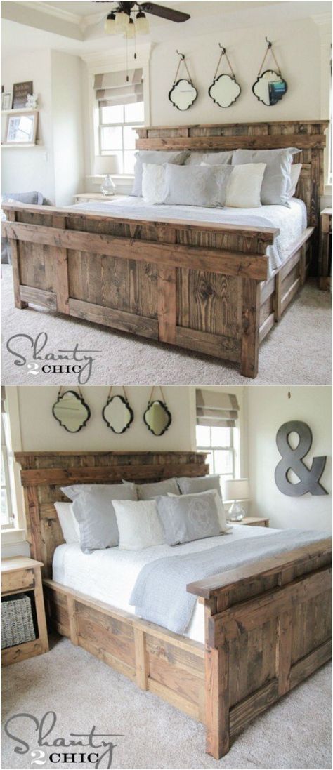 21 DIY Bed Frame Projects – Sleep in Style and Comfort - DIY & Crafts Diy Comforter, Rustic Bed Frame, Modern Bedding, Diy Bed Frame, Farmhouse Bedding, Rustic Bedding, Wood Bed Frame, Wood Beds, King Bed