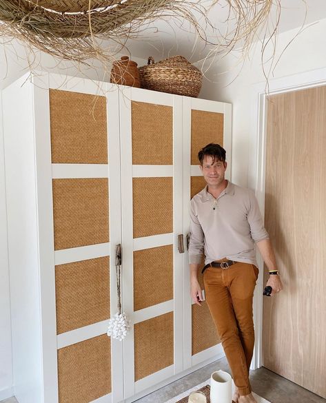 Nate Berkus on Instagram: ��“#DIY After Pics👆🏼I took leftover @ralphlauren wallpaper from our #NYC house, and gave it new life on #Ikea closet doors. What do you think?” Fabric Panel Closet Doors, Ikea Wardrobe Wallpaper, Wallpaper Pax Wardrobe, Ikea Forsand Door Hack, Wallpaper Wardrobe Doors, Ikea Pax Door Hack Rattan, Wallpaper Closet Doors, Built In Wardrobe Doors, Ikea Wallpaper