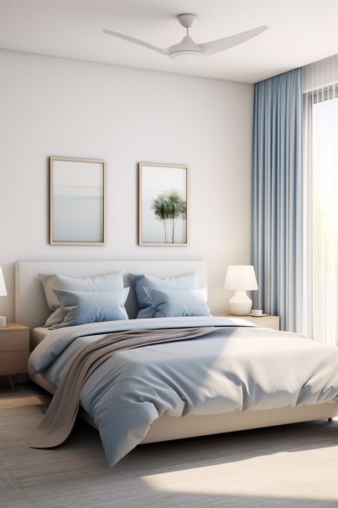 Tranquil Haven: 20 Soothing Blue Bedroom Ideas for 2024 - Quiet Minimal Pastel Colors For Bedrooms, Blue Pastel Bedroom, Blue Bedding Aesthetic, Blue Beige Bedroom, Tranquil Bedroom Ideas, Powder Blue Bedroom, Dramatic Bedroom, Color Scheme Ideas, Beige House