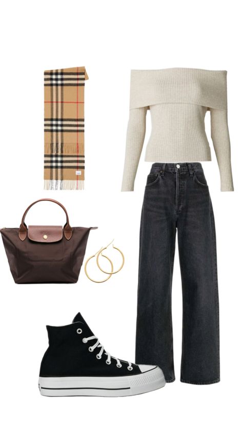 fall outfit Long Champ, Burberry Scarf, Converse Black, Black Jean, Brown Bag, Outfit Fall, Black Jewelry, Brown Bags, Jewelry Gold