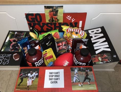 Box Gift Ideas Boyfriend Football, Senior Night Gift Ideas For Boyfriend, Senior Night Basket For Boyfriend, Bf Senior Night Gifts, Cute Football Gifts For Boyfriend, Football Presents For Boyfriend, Football Camp Basket Ideas, Football Player Basket Ideas, Bf Gift Basket Football