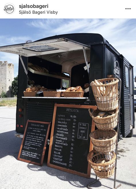 Food Truck Bakery | Visby, Gotland Food Truck Coffee Ideas, Trailer Turned Food Truck, Pastry Truck Ideas, Rustic Food Truck Design, Trailer Bakery Ideas, Mobile Snack Truck, Bread Food Truck, Pastry Food Truck Ideas, Trailer Converted To Food Truck