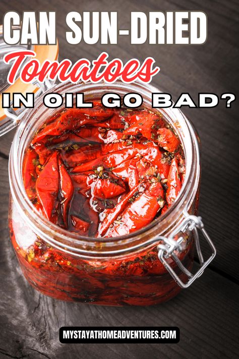 Discover the secret to storing sun-dried tomatoes in oil and keeping them fresh longer. 🍅Learn about the signs of spoilage and how to prevent it. Plus, try out our delicious Sun-Dried Tomato Pesto Pasta recipe! Don't let your tomatoes go to waste! #FoodSafety #SunDriedTomatoes #PestoPasta Sundried Tomatoes In Olive Oil, Canning Sun Dried Tomatoes In Oil, Canning Sun Dried Tomatoes, Diy Sun Dried Tomatoes In Oil, Dried Tomatoes In Oil, Sundried Tomato Recipes, Tomato Pesto Pasta, Tomatoes In Oil, Make Sun Dried Tomatoes