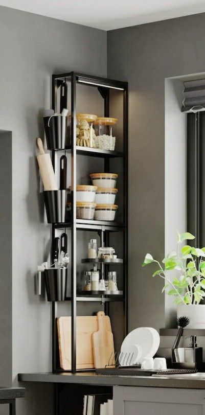 Corner Shelves Ikea, Ikea Enhet Kitchen Ideas, Enhet Ikea, Corner Shelf Ikea, Ikea Small Kitchen, Heights House, Ikea Shelves, Extractor Hood, Kitchen Organisation