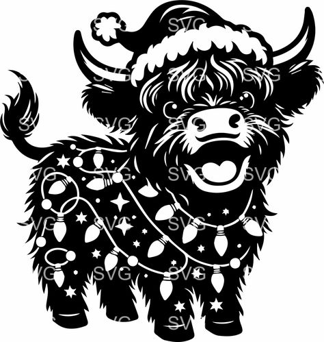 Svg Cricut Christmas, Christmas Cards Svg, Country Christmas Svg, Free Highland Cow Svg Files For Cricut, Christmas Moose Painting, Highland Cow Christmas, Svg Christmas, Holiday Svg, Christmas Tree Svg