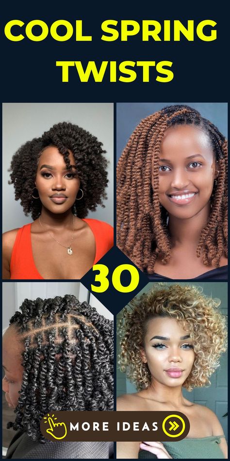 Welcome the season with spring twists, a hairstyle that celebrates the beauty of natural hair. These twists are perfect for all lengths, from short to long, and can be adapted into various styles, including crochet braids hairstyles and jumbo twists. Whether you prefer braids short or long, spring twists offer a fresh and stylish look. Spring Curls Crochet, Short Twist Hair Styles, Spring Twist Crochet Hairstyles, Spring Twist Hairstyles Medium, Spring Twist Crochet Braids Hairstyles, Styling Spring Twist Braids, Blonde Spring Twists, How To Style Spring Twists Braids, Short Spring Twist Hairstyles