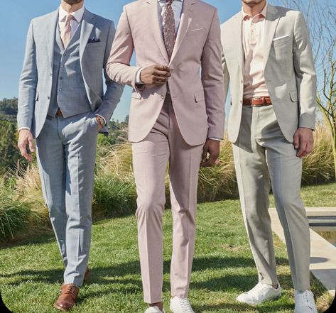 Summer Formal Outfits Men Wedding, Summer Mens Suits, Light Colored Suits For Men, Men Spring Wedding Guest, Spring Wedding Men’s Suit, Pastel Wedding Guest Outfit Men, Garden Attire Men, Garden Formal Attire Men, Pastel Suits For Men Wedding