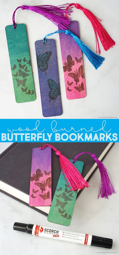 Butterfly Wood Burned Bookmarks #diybookmark #scorchmarker @scorchmarker #bookmark #woodburning #bookmarks #woodcrafts #woodburn Wood Bookmarks Diy, Woodburning Bookmarks, Winged Stencil, Wood Bookmark, Bookmarks Diy, Wooden Butterfly, Butterfly Stencil, Wood Burn Designs, Tassel Bookmark