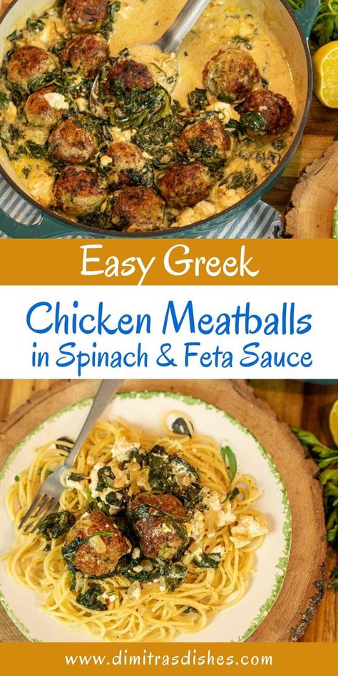 Need a new easy dinner recipe? Try this Greek-style juicy chicken meatballs in rich and creamy spinach and feta sauce. You’ll be surprised by how easy this chicken dinner recipe is to make. Serve the meatballs over pasta for a quick and easy dinner for the whole family! Chicken And Feta Meatballs, Pasta With Chicken Meatballs, Chicken Spinach Feta Meatballs, Chicken Feta Meatballs, Chicken And Feta Recipes, Spinach Feta Meatballs, Feta Meatballs, Greek Chicken Meatballs, Greek Meals