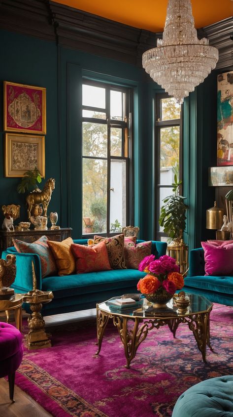 How to do Maximalism Bookcase Styling Maximalist, Maximalist Pink Living Room, Dark Maximalism Interior Design, Room Design Maximalist, Living Room Maximalist, Maximalist Decor Small Spaces, Maximalism Living Room, Jewel Tone Living Room, Sophisticated Room