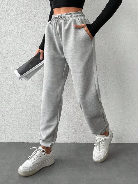 Grigio  Collar  Tessuto Colore unico Jogger Embellished Leggero Elastico Pocket Sweatpants, Drawstring Waist, Sweatpants, Collar, Tracksuit Bottoms