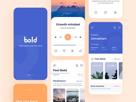 Bold - Mobile app by Arounda on Dribbble Music App Design, Calm App, Meditation Apps, App Design Inspiration, App Interface, Mobile App Ui, Music App, Ui Design Inspiration, Pep Talks