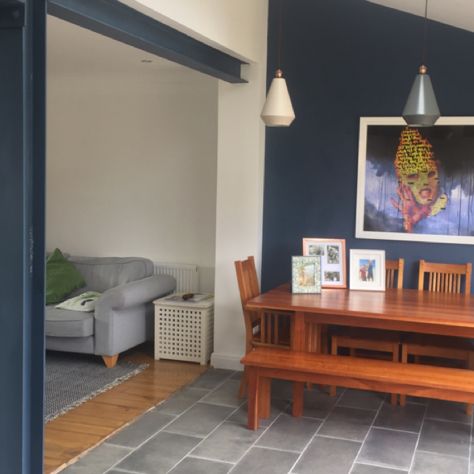 Exposed steel beam painted in Farrow & Ball in Stiffkey Blue Exposed Steel Beam, Kitchen With Beams, Kitchen Beams, Kitchen Steel, Painted Beams, Open Kitchen Layouts, 1960s House, Stiffkey Blue, Steel Beam