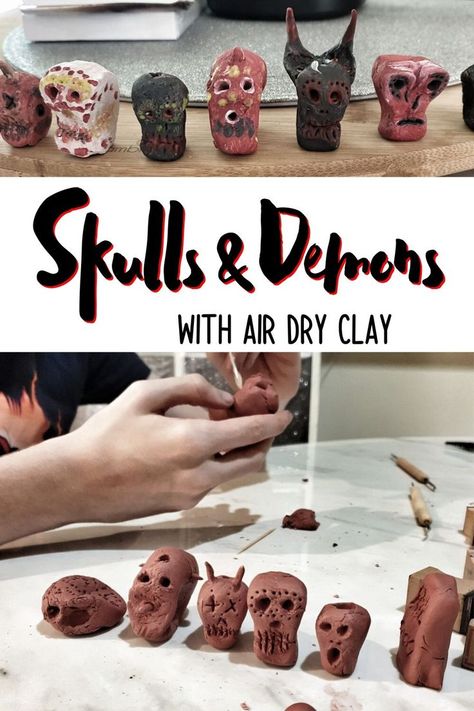 Air Dry Clay Skulls & Demons - Day OF The Dead Theme - Kate Shelby Clay Activity, Clay Pen, Demon Days, Newspaper Basket, Air Dry Clay Projects, Paper Mache Sculpture, Cardboard Art, Crafts For Kids To Make, Paper Clay