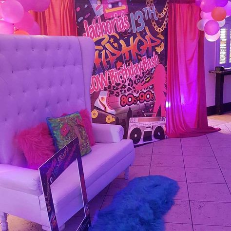 80/90’s Hip Hop Glow Bash | CatchMyParty.com Trap House Party Decorations, 18th Birthday Party Ideas 2000s, Trap Party Ideas, 90s Sweet 16 Party Ideas, Baby Bratz Birthday Party Ideas, Freaknik 90s Party Decorations, Freaknik Party Ideas, Early 2000s Party Theme Decorations, Y2k Party Ideas