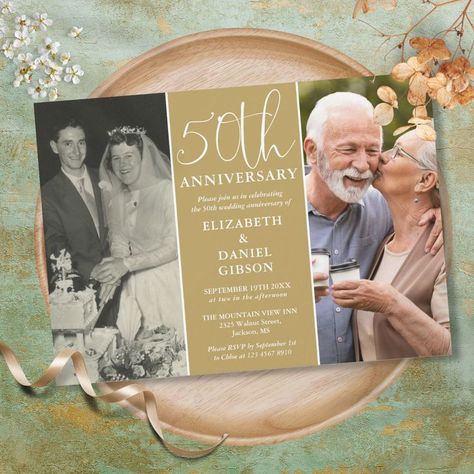 $2.92 | Then And Now 2 Photo 50th Wedding Anniversary Invitation An elegant 50th wedding anniversary invitation, featuring 2 special photos and stylish typography on a gold background. Designed by Thisisnotme© #weddinganniversaryinvitation #wedding #weddinganniversary #weddingstationery #love #weddingphotography #weddinginspiration #50thweddinganniversary #2photos #thenandnow #gold #script #simple #elegantmoderntypography #anniversarypartyinvitations #50thinvites #goldenweddingcelebration Anniversary Invite, 50th Wedding Anniversary Decorations, 50th Anniversary Invitations, 50th Wedding Anniversary Invitations, 50 Golden Wedding Anniversary, Anniversary Party Invitations, 50th Wedding Anniversary Party, Wedding Anniversary Decorations, Wedding Anniversary Photos