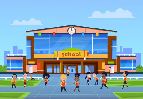 Children at school building. cartoon kids in uniformy play in yard in front of college. back to school, education | Premium Vector Building Cartoon, Education Vector, Kids Yard, Kids Going To School, Playground Areas, School Entrance, College Education, School Cartoon, Building Drawing