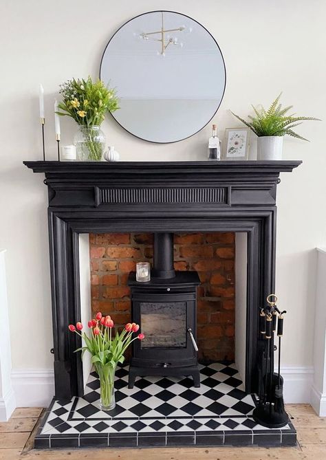 Boho Patio Decor, Black Fireplace Surround, Victorian Fireplaces, Surround Fireplace, Edwardian Fireplace, Wood Burning Stoves Living Room, Log Burner Living Room, Retreat Home, Painted Trunk