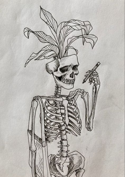 Skeleton with plants and a totebag Skeleton And Plants Art, Croquis, Floral Skeleton Drawing, Skeleton Poses Drawing, Sketelon Drawings, Grunge Skeleton Drawing, Skeleton Ribcage Drawing, Skeleton Line Drawing, Skeleton Sitting Drawing